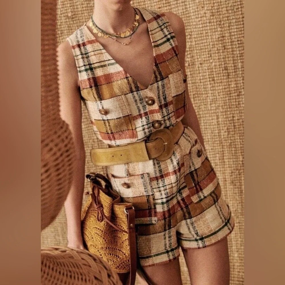 Sézane Zita Short Jumpsuit Linen Blend in Texan Jacquard FR 40 / US 8